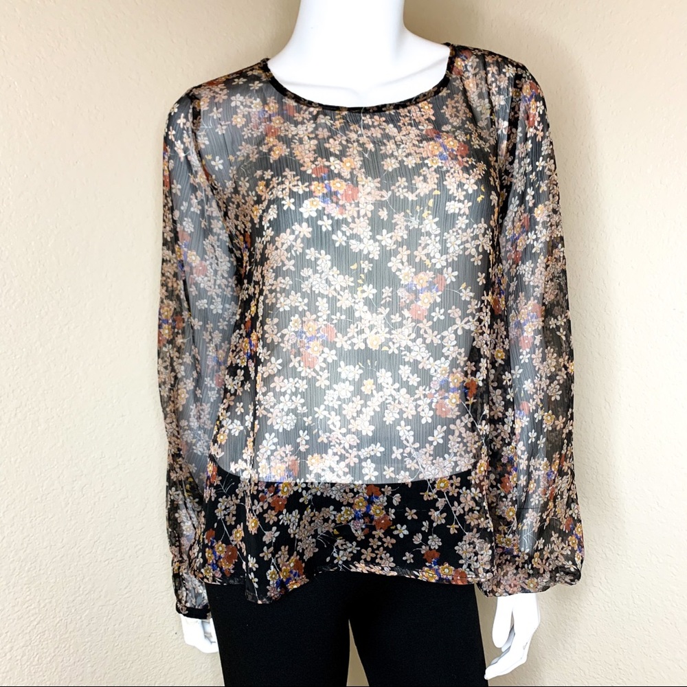 MANGO Sheer Floral Balloon Sleeve Blouse
